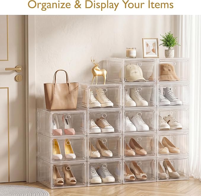 Thickened Clear Shoe Storage Organizer with Magnetic Door, Sturdy Stackable Shoe Boxes for Closet, Collapsible Space-Saving Shoe Rack for Sneakers & Boots, Plastic Shoe Cabinet Box Set, 6 Pack, White