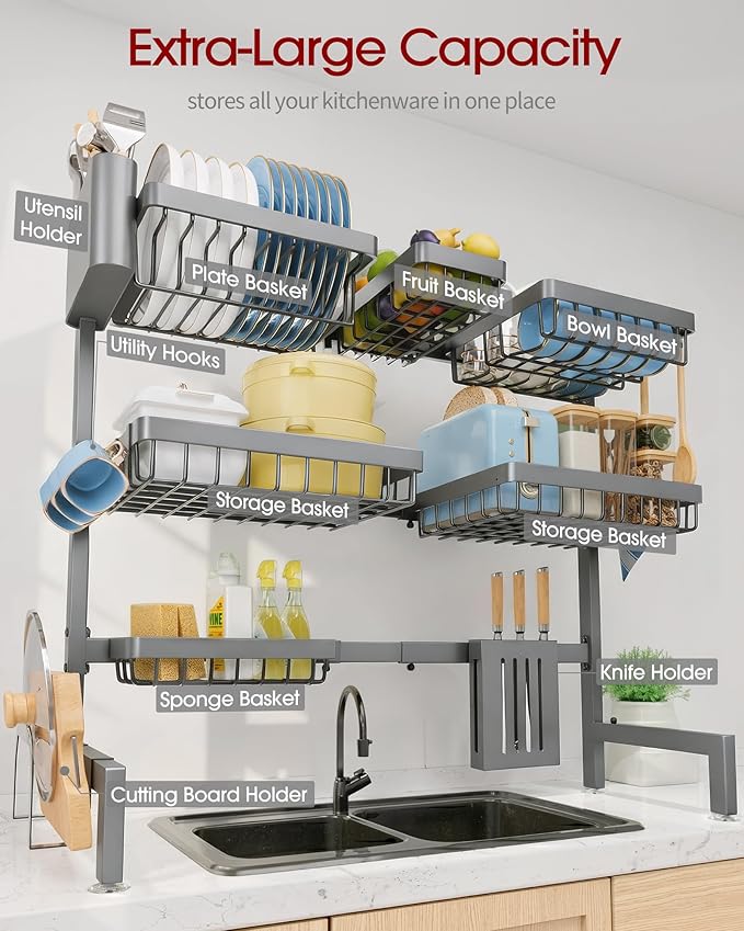 Sakugi Dish Drying Rack - Over The Sink Dish Drainer Drying Rack with Utensil & Knife Holder, Hooks, Stainless Steel Kitchen Organizers and Storage Solution, 11.8" D x 31.5"~39.0''W x 30" H, Gray - Image 4