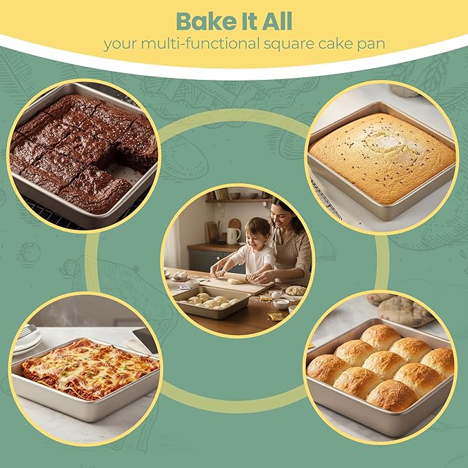 9x9 Baking Pan, 9 inch Brownie Pan, 9'' Square Cake Pan, Nonstick Carbon Steel, Shallow Dish Bakeware for Oven Baking (Champagne Gold)