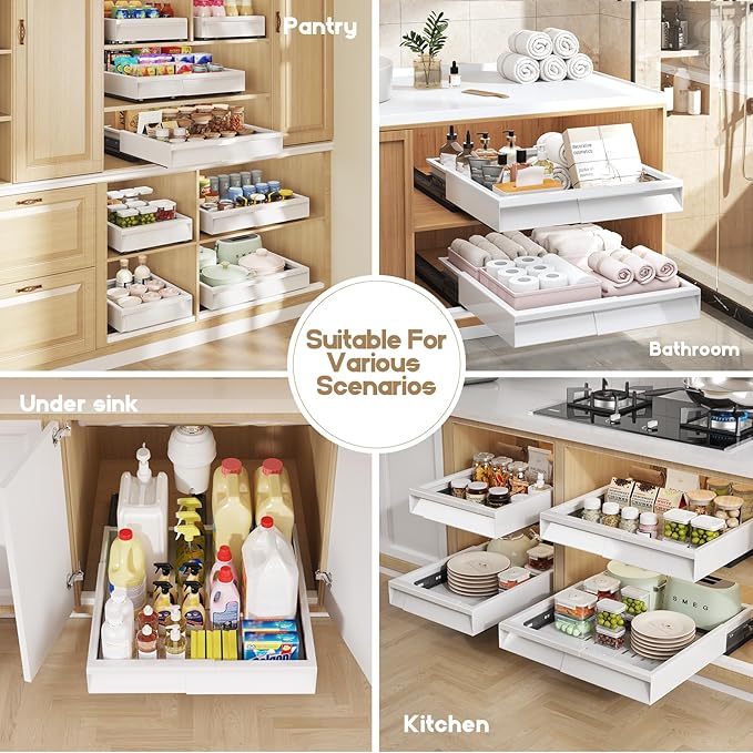 Seinloes 2 Pack Pull Out Cabinet Organizer With Raising Pad for Framed Cabinets,Expandable Width (11"-16") and Depth (13"-17"),3 Slide Rails Slide Out Drawers with Handle,No-Drill Roll Out Shelf,White - Image 8