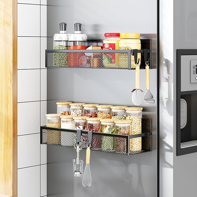 Aufworld Magnetic Spice Rack for Refrigerator, 2 Pack Magnetic Shelf, Fridge Magnet Organizer with Moveable 4 Hooks, Magnetic Fridge Shelf for Kitchen Organization and Storage (2 Pack) - Image 8