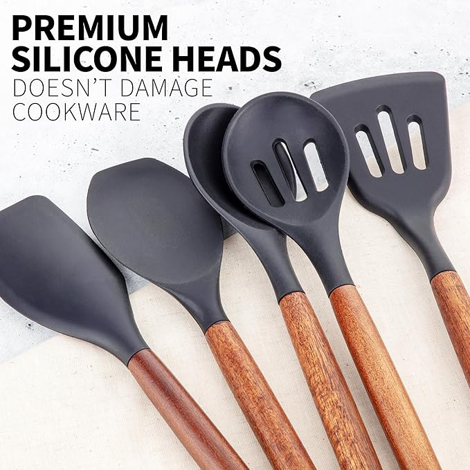 Zulay Kitchen Non-Stick Cooking Utensils Set with Authentic Acacia Wood Handles – 5-Piece Durable & Stylish Silicone Kitchen Utensils Set – Heat Resistant to 464°F – Black - Image 9