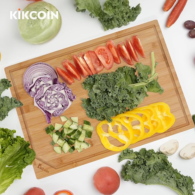 Kikcoin 24”×18” Bamboo Cutting Boards for Kitchen, Wooden Healthy Cutting Boards for Charcuterie, Vegetables, Cheese, Bread, Extra Large Chopping Boards with Deep Juice Groove and Handle, Natural - Image 7