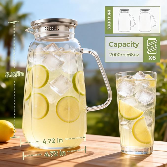 2 Pack Glass Pitcher with Lid and Handle for Fridge, Iced Tea and Coffee Carafe Beverage Serveware, 2 Liters/68 oz Heat Resistant Borosilicate Water Jug for Hot/Cold Drinks