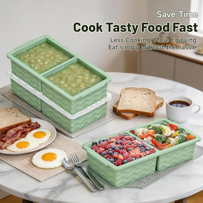 3-Pack Silicone Freezer Trays with Lid, Soup Freezer Container Molds, Silicone Freezer Molds, Ice Cube Tray for freezing Soup Sauce Broth Leftovers, Dishwasher & Oven Safe, BPA Free (2-cup,green)