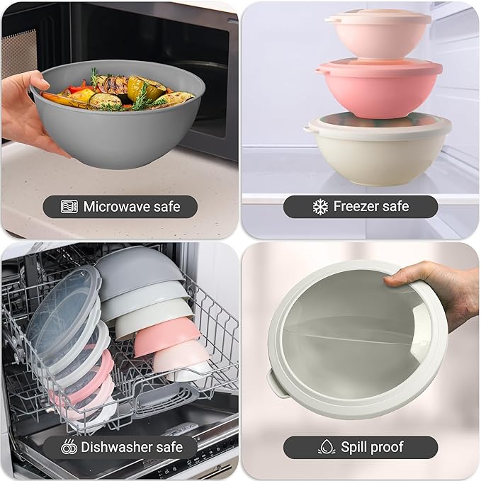 Zulay Kitchen 12 Piece Plastic Mixing Bowls with Lids Set - Colorful Mixing Bowl Set for Kitchen - Nesting Bowls with Lids Set - Microwave and Freezer Safe (Pink Ombre) - Image 7