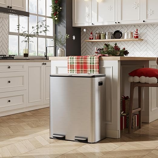 WLIVE 2 x 8 Gallon Dual Compartment Trash Can Stainless Steel, Pet-Proof Double Garbage Can Kitchen with Lid, Inner Buckets and Deodorizing Filter Box, Trash and Recycle Bin Combo, Silver