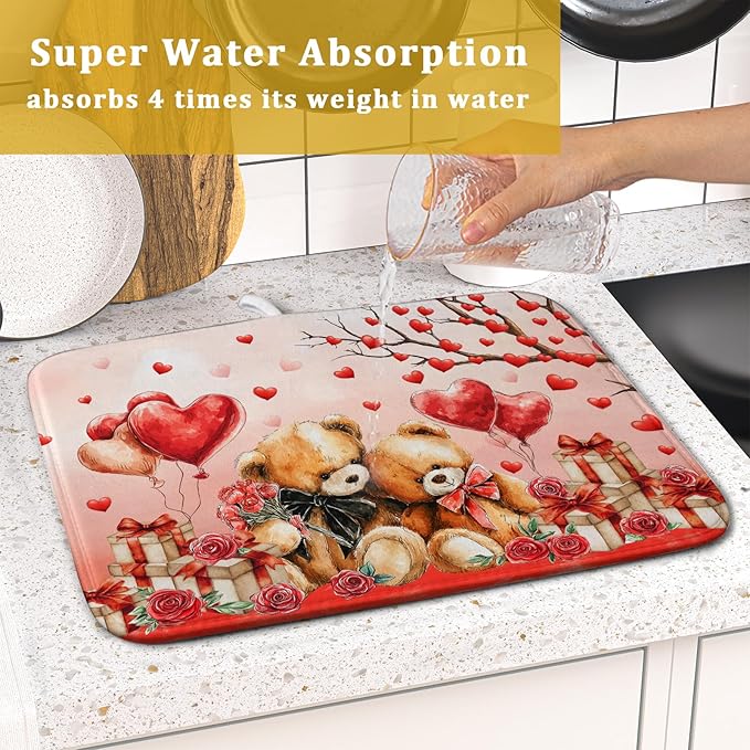 Valentines Day Dish Drying Mat Bear Lover Absorbent Kitchen Drying Mats for Countertops 18 X 16 - Image 7