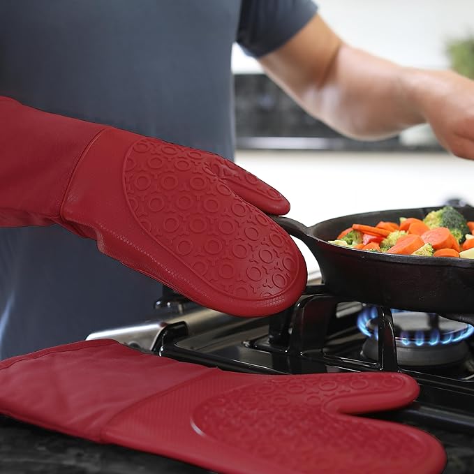BPA-Free Silicone Oven Mitts Ultra Heat Resistant up to 500°F - Oven Mitts with Thick Cotton Liner - Long Slip Resistant Pot Holders, Flexible Oven Gloves - Empire Red 13.7 - Image 9