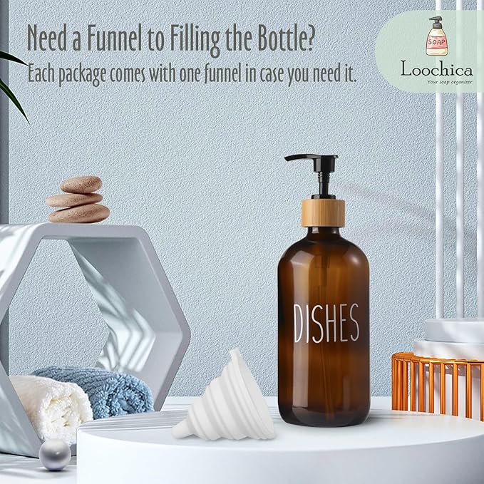 LOOCHICA Dish Amber Glass Soap Dispenser with Plastic Pump, 16 Oz Brown Dish Soap Dispenser Set Refillable Reusable Apothecary Soap Pump Dispenser Bottles for Bathroom and Kitchen - Image 9