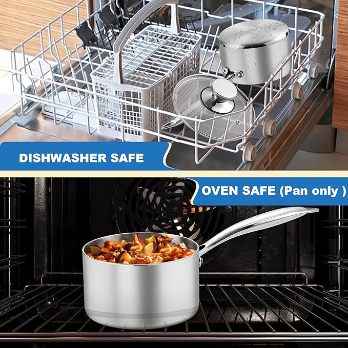 P&P CHEF 2 Quarts Tri-Ply Stockpot and Saucepan, Stainless Steel Sauce Pan with Lid, Cooking Induction Pot, Kitchen Cookware for All Stoves, Non-Toxic, Sturdy & Dishwasher Safe, 1 Piece