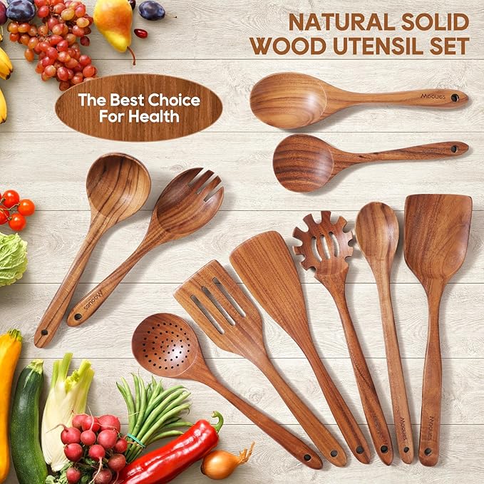 Wooden Spoons for Cooking, 10PCS Teak Wood Cookware Utensil Set with Hooks - Smooth Finish, Non-Stick, Comfortable Grip, Heat Resistant Kitchen Utensils - Image 8