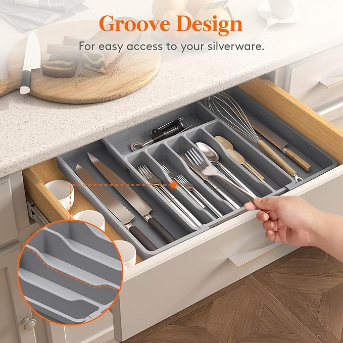 Lifewit Silverware Drawer Organizer, Expandable Utensil Tray for Kitchen, BPA Free Flatware and Cutlery Holder, Adjustable Plastic Storage for Spoons Forks Knives, 33 -57 x 42cm, Gray - Image 8