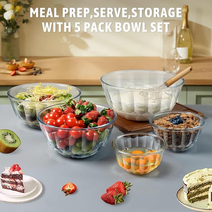 Freshmage Mixing Bowls with Airtight Lids Sets, 5 Packs Thick Glass Nesting Bowls for Kitchen Baking, Meal Prepping, Bpa Free, Dishwasher Safe, 0.5/0.8/1.6/2.7/4.4 Qt - Image 9