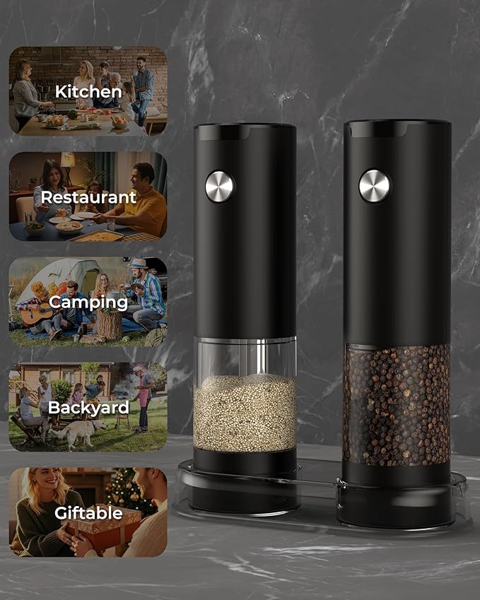 Electric Salt and Pepper Grinder Set, Automatic Battery Salt and Pepper Shakers,6 Adjustable Coarseness with LED, 100ml Upgraded Larger Capacity Pepper Mill Shakers for Kitchen, Dining and Gifts