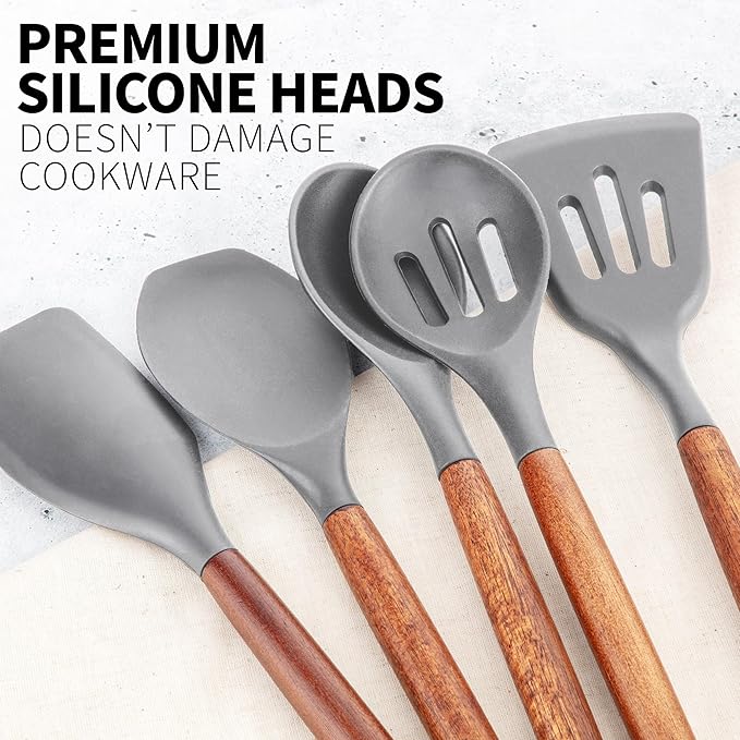 Zulay Kitchen Utensils Set Non-Stick Silicone Cooking Utensils Set with Authentic Acacia Wood Handles - 5 Piece Silicone Utensil Set - Kitchen Utensils Set with 464°F Heat Resistance - Gray - Image 9