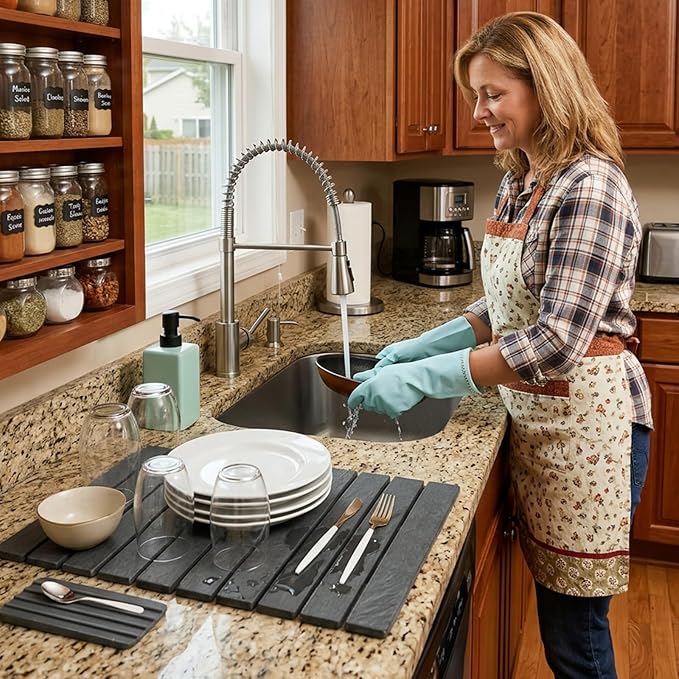 Large Stone Dish Drying Mat for Kitchen Counter, 2 PCS Quick Dry Diatomaceous Earth Dish Mat Set – Foldable Water Absorbing Kitchen Gadgets & Gifts, Home Essentials(Gray Ink 24"×16" & 8"x4") - Image 7