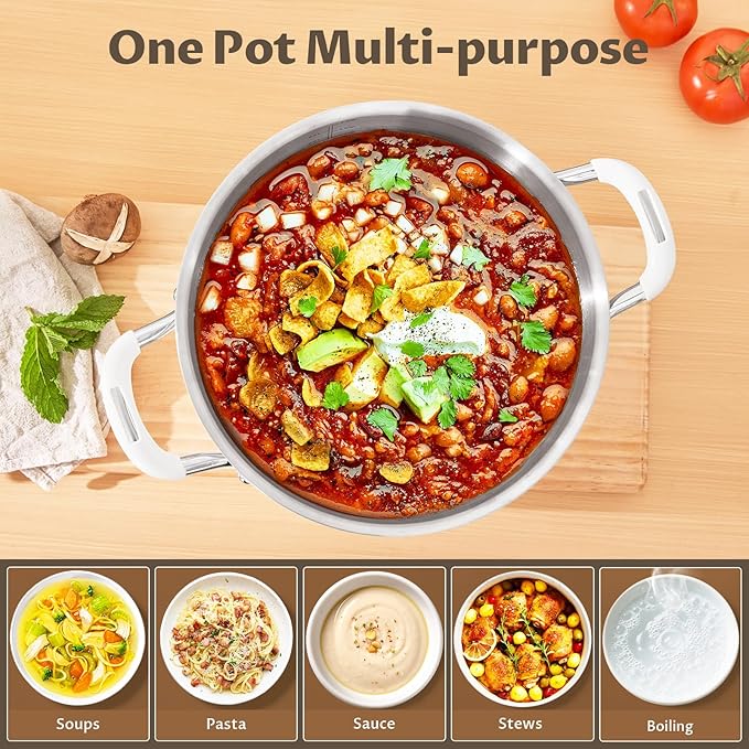 10 Quart Nonstick Stock Pot with Lid, BEZIA Fully-Clad 3-Ply Stainless Steel Pots, Induction Soup Pot with Lid, Kitchen Cooking Pots with Silicone Handle, for All Cooktops, Free of PTFE/PFOA/PFOS