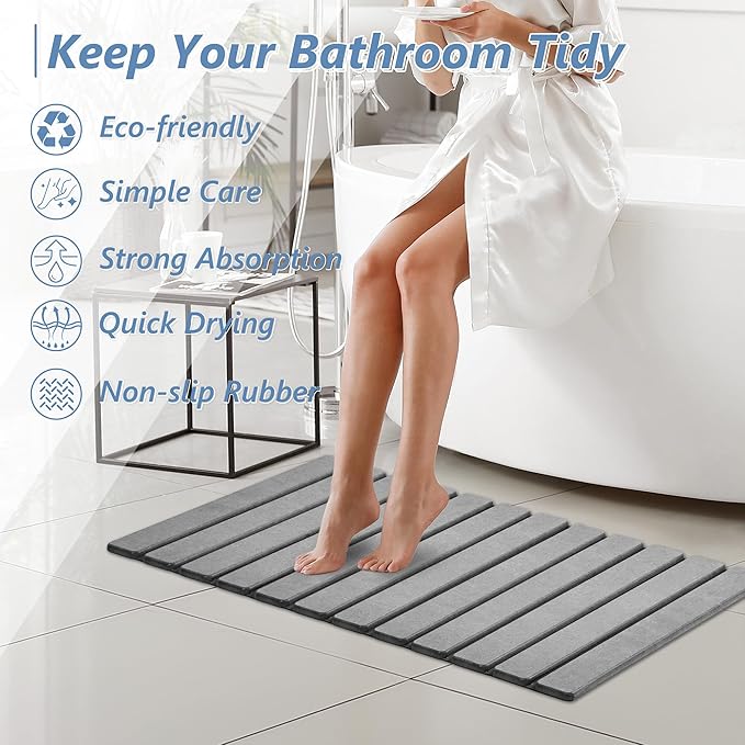 AWW Foldable Stone Bath Mat, Quick Dry Diatomaceous Earth Bath Mat with Non-Slip Mat, Super Absorbent, Easy to Clean, Compact for Small Bathrooms, 31.5 x 15.7, Grey - Image 8