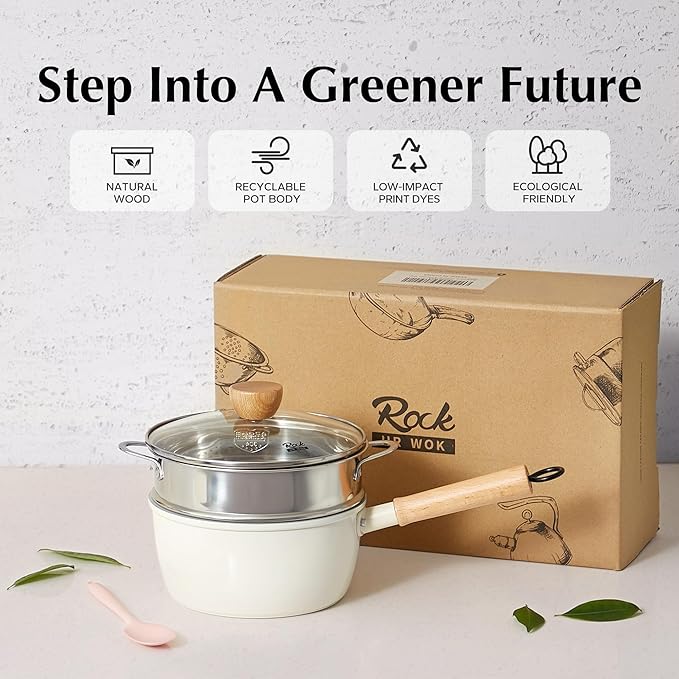 ROCKURWOK Ceramic Nonstick Sauce Pan with Lid, 2 Quart Cooking Pot, Small Saucepan with Steamer, PTFE & PFAS-Free, Wooden Handle for Cool Touch, Universal Base(Gas, Electric & Induction), White - Image 7
