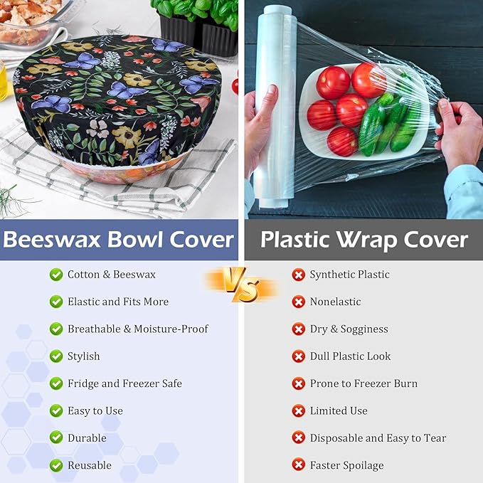 5-Size Reusable Beeswax Bowl Covers for Bread Proofing, Cotton Cloth Flexible Beeswax Wraps for Food Storage(Honeybee) - Image 7