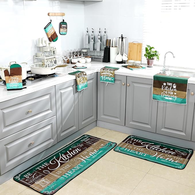 Fourluoo 10 Pcs Farmhouse Kitchen Decor and Accessories Set 4 Kitchen Towels 2 Pot Holders 2 Oven Mitts 2 Rugs for Cooking Baking Mom Housewarming Gifts(Green,Classic Style) - Image 7