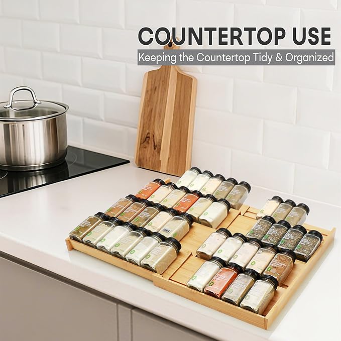 Bamboo Spice Drawer Organizer, (Need 3.1” Deep Drawer) Expandable 4 Tier Spice Rack for Cabinet (From 12" to 23" Wide), Seasoning Storage Insert, Spice Organizer for Drawer,Jars Not Included - Image 7
