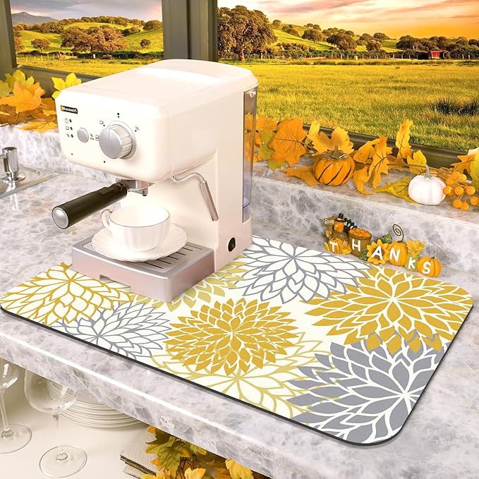 Findosom 2PCS 12" x 20" Fall Dish Drying Mat & 24" x 5.5" Sink Splash Guard, Super Absorbent & Cuttable Dish Mat Drying Kitchen Mat with Yellow Floral, Hide Stain Drying Mat for Kitchen Counter - Image 8