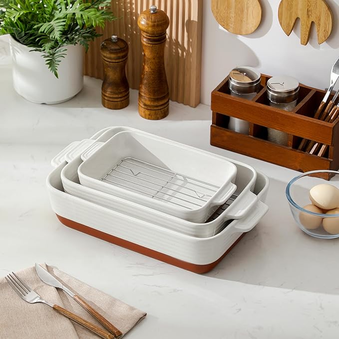 MALACASA Casserole Dishes for Oven with Roasting Racks, Ceramic Baking Dishes Set of 3, Baking Pan Casserole Dish Set, Rectangular Lasagna Pan Deep with Handles for Baking, Khaki White (14.5''/13''/10.5''), Series TARA - Image 8