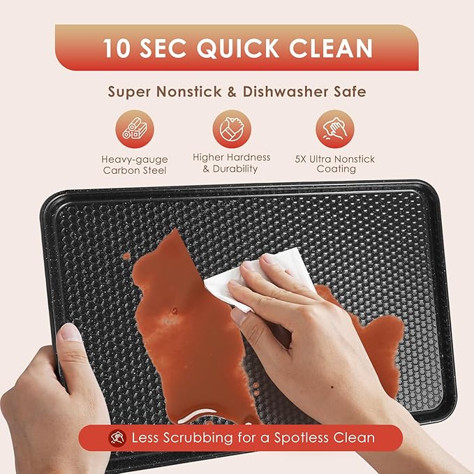 Baking Sheet Pan Set of 3, Nonstick Carbon Steel Cookie Sheets with Texture, Commercial Half/Quarter/Jelly Roll Pans Replacement Toaster Oven Tray, Heavy Duty & Easy Clean, Black - Image 8