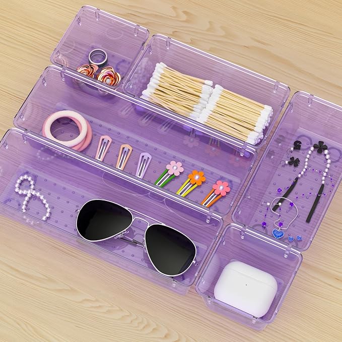 WOWBOX 6 Pack Clear Drawer Organizer Set, Acrylic Drawer Storage Trays, Storage Bins for Makeup, Cosmetics, Jewelries, Utensils, Gadgets, Office, Purple - Image 7