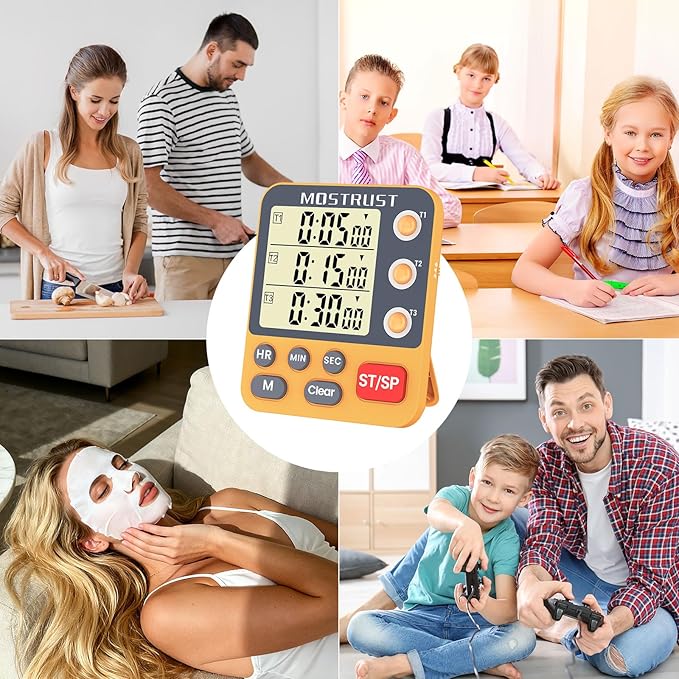 Digital Dual Kitchen Timer, 3 Channels Countdown Triple Timer for Cooking, Magnetic Memory-Preset Large Display Adjustable Alarm Volume, Multi Times Management, 3A Battery Included, Orange - Image 7