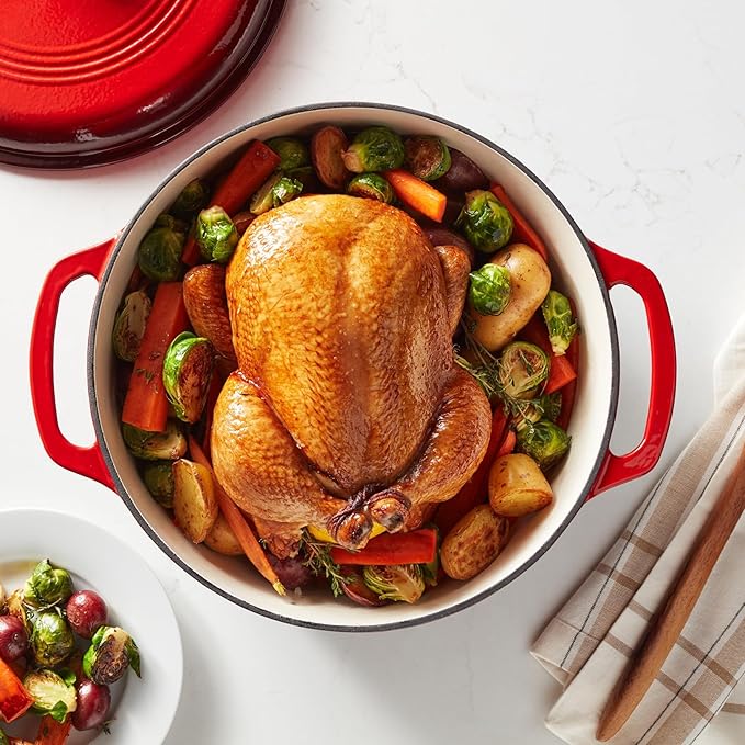 Amazon Basics Enameled Cast Iron Dutch Oven Pot with Lid, Round, Dual Handles, Heavy-Duty, Oven Safe for Roasting, Baking, Stews, 7.3-Quart, Red - Image 5