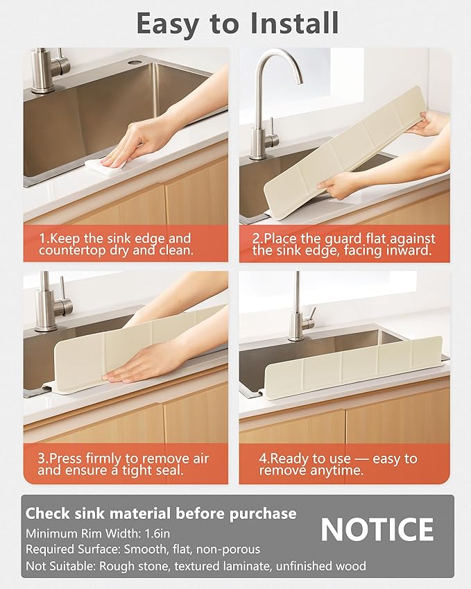 Kitchen Sink Splash Guard 30" 18" 23" Self-Draining Silicone Water Guard with High Splash Wall & Strong Suction Cups for Faucet, Countertop & Sink Edge, Keeps Sinks Dry, Dishwasher Safe,Cream