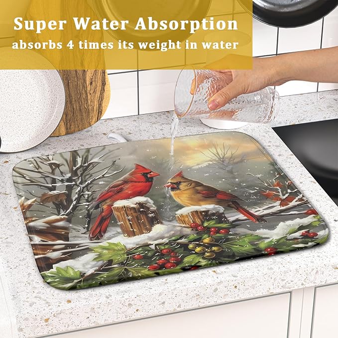 Winter Dish Drying Mat for Kitchen Counter 16x18 Inch Red Birds Cardinal Tree Christmas Theme Print Absorbent Reversible Microfiber Drying Mats Kitchen Countertop Protector Dishes Drainer Rack Pad - Image 7