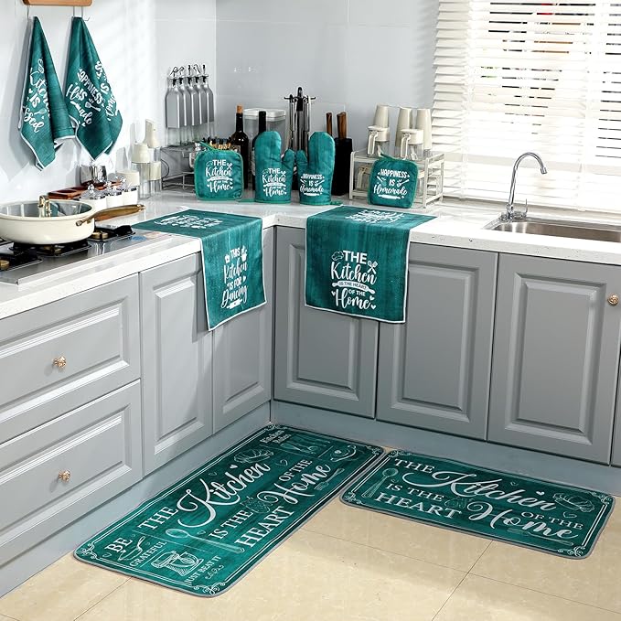Fourluoo 10 Pcs Farmhouse Kitchen Decor and Accessories Set 4 Kitchen Towels 2 Pot Holders 2 Oven Mitts 2 Rugs for Cooking Baking Mom Housewarming Gifts(Light Blue,Classic Style) - Image 7