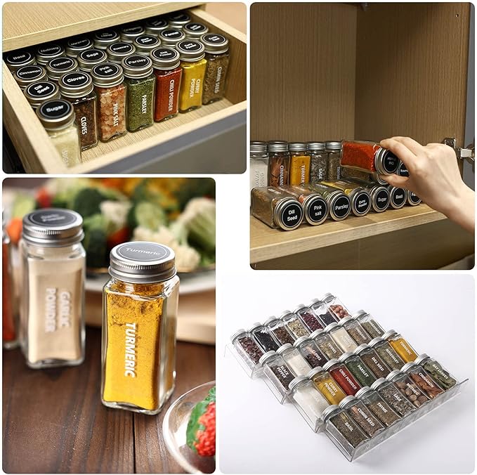 Antimbee 28 Pcs Clear Glass Spice Jars,3.5 oz Glass spice jar with 324 labels, Funnel,Chalk Pen,Shaker Lids and Airtight Metal Caps, Empty Square Spice Bottles for Spice Rack, Cabinet, Drawer - Image 8