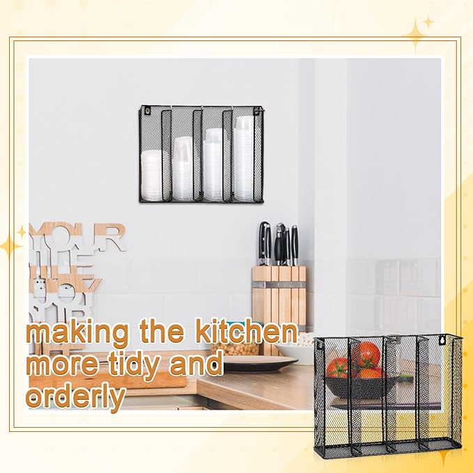 Wall Mount Portion Sauce Cup Lid Organizer 4 Compartments Iron Sauce Cup Dispenser Black Cup and Lid Holder Organizer Fits Cups Size 2 to 5.5 oz For Kitchen Counter Restaurant Coffee Bar 13x10x3.3 In