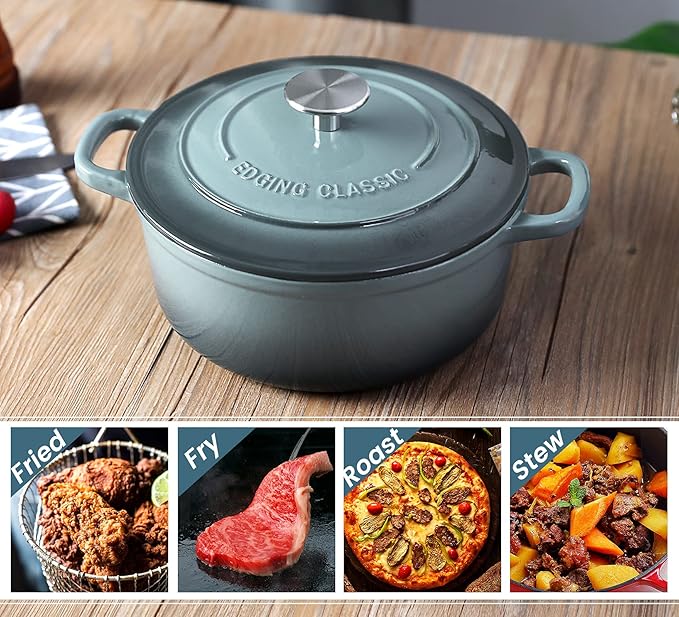 EDGING CASTING Enameled Cast Iron Round Dutch Oven with Lid Dual Handle Pot Bread Ovens, 7 Quart, Slateblue - Image 5