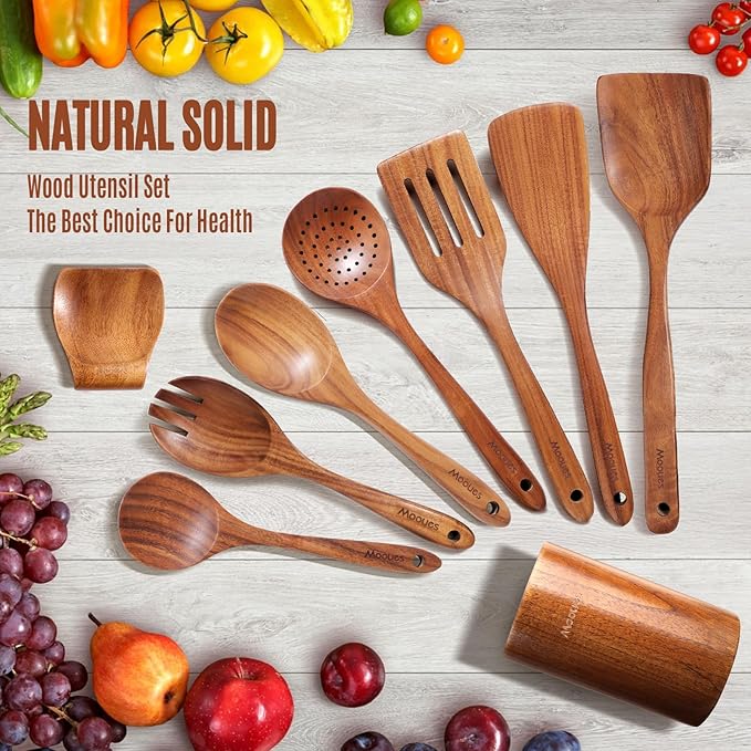 Wooden Spoons for Cooking, 9 PCS Teak Wood Cookware Utensil Set - Smooth Finish, Non-Stick, Comfortable Grip, Heat Resistant Kitchen Utensils Gift Box - Image 8