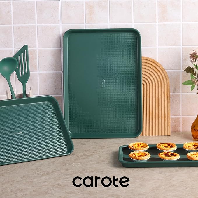 CAROTE 3-Piece Baking Pan Set - Bakeware Set, Baking Sheet Set Including 13 Inch 15 Inch 17 Inch Sheet Pan, Cookie Sheet for Baking, Deep Olive Green - Image 8