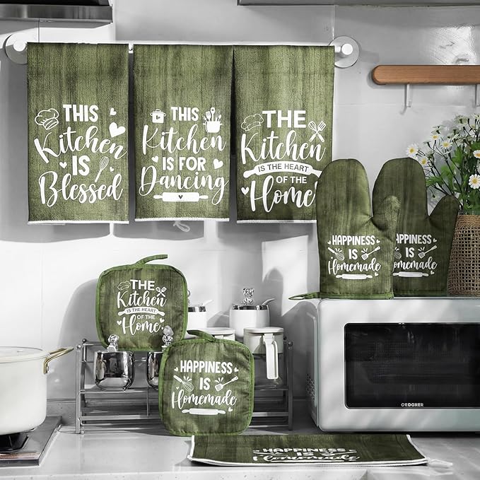 Leinuosen 8 Pcs Kitchen Towels and Oven Mitts Sets Pot Holders Dishcloths Set Kitchen Decorative Accessories Absorbent Potholders Heat Resistant for Chef Baking Cooking - Image 6