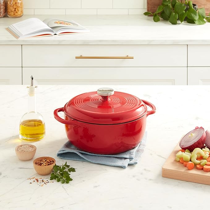 Lodge 4.5 Quart Enameled Cast Iron Dutch Oven with Lid – Dual Handles – Oven Safe up to 500° F or on Stovetop - Use to Marinate, Cook, Bake, Refrigerate and Serve – Solid Red - Image 6