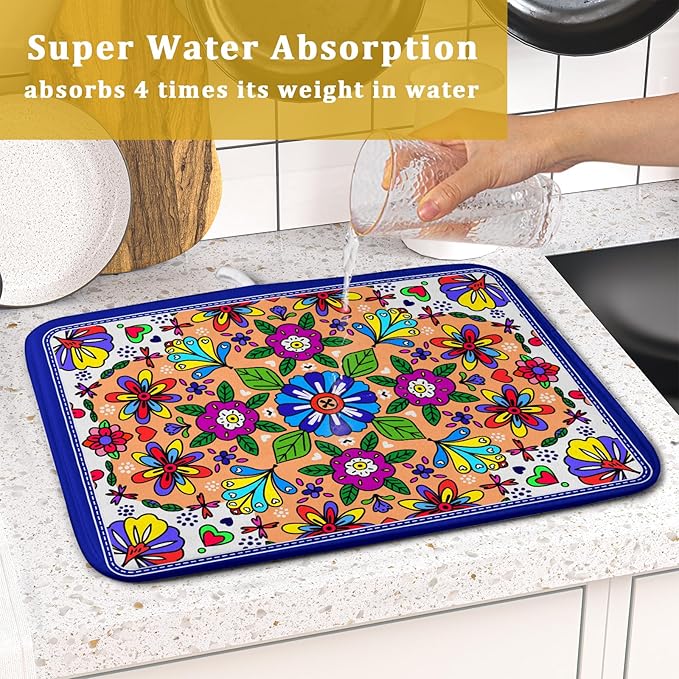 Mexican Talavera Dish Drying Mat Navy Blue Microfiber Dish Drain Pad for Kitchen Decor - Image 7