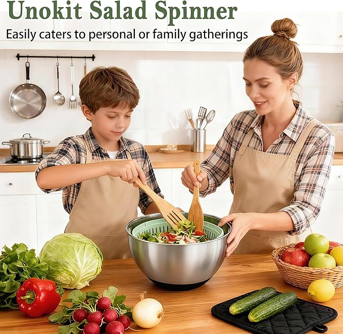 Unokit Stainless Steel Salad Spinner - Large Spinner with Non-Slip Base and 5 Blade Slicers, Dishwasher Safe Lettuce Spinner for Efficient Salad Preparation and Food Washing in Kitchen - Image 8