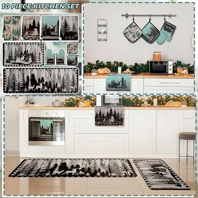 Fourluoo 10 Pcs Farmhouse Kitchen Decor Set Dish Towels Kitchen Rugs Oven Mitts and Pot Holders for Cooking Baking Grilling Women Mom Daughter Gift(Brown,Green,Forest)