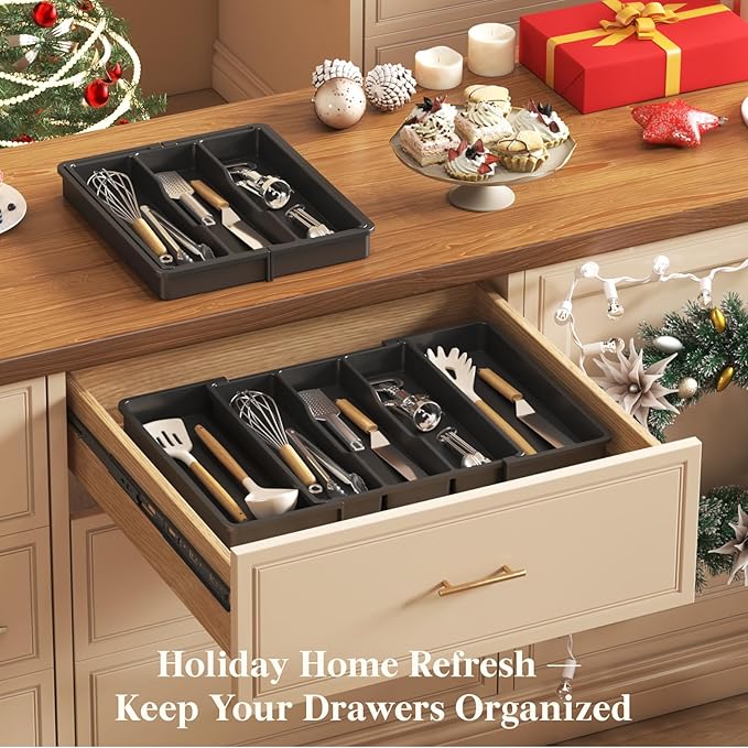 Lifewit Utensil Organizer for Kitchen Drawers, Expandable Cooking Utensil Tray, Adjustable Cutlery Silverware Flatware Holder, Plastic Spatula Tools Storage Divider, 13-22 x 15", Black - Image 9