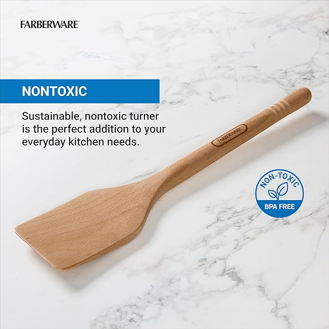 Farberware Beechwood Turner Spatula - Durable Wood Kitchen Utensil with Thin Tapered Edge, Safe for Nonstick Cookware, Perfect for Flipping Pancakes, Eggs, and More