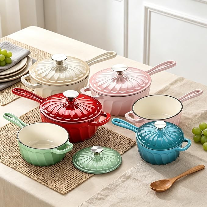 Enameled Cast Iron Sauce Pan, 2 Quart Enameled Saucepan with Lid, Small Cast Iron Pot for All Cooktops Making Pasta Sauce, Gravy, Puddings, Marinate, Boiling (Gradient Red)