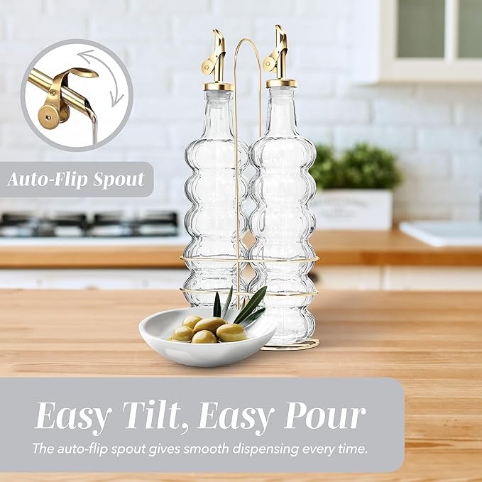 COOK WITH COLOR Glass Olive Oil Bottle Dispenser - 2 Pack- 17oz Oil and Vinegar Cruet - Olive Oil Carafe Decanter for Kitchen, Elegant Waves, Clear - Image 5